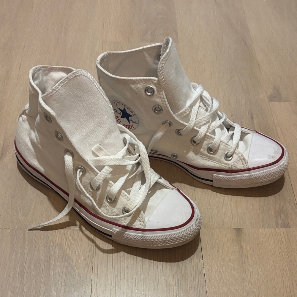 Converse White High Top Sneakers with Red Stripe